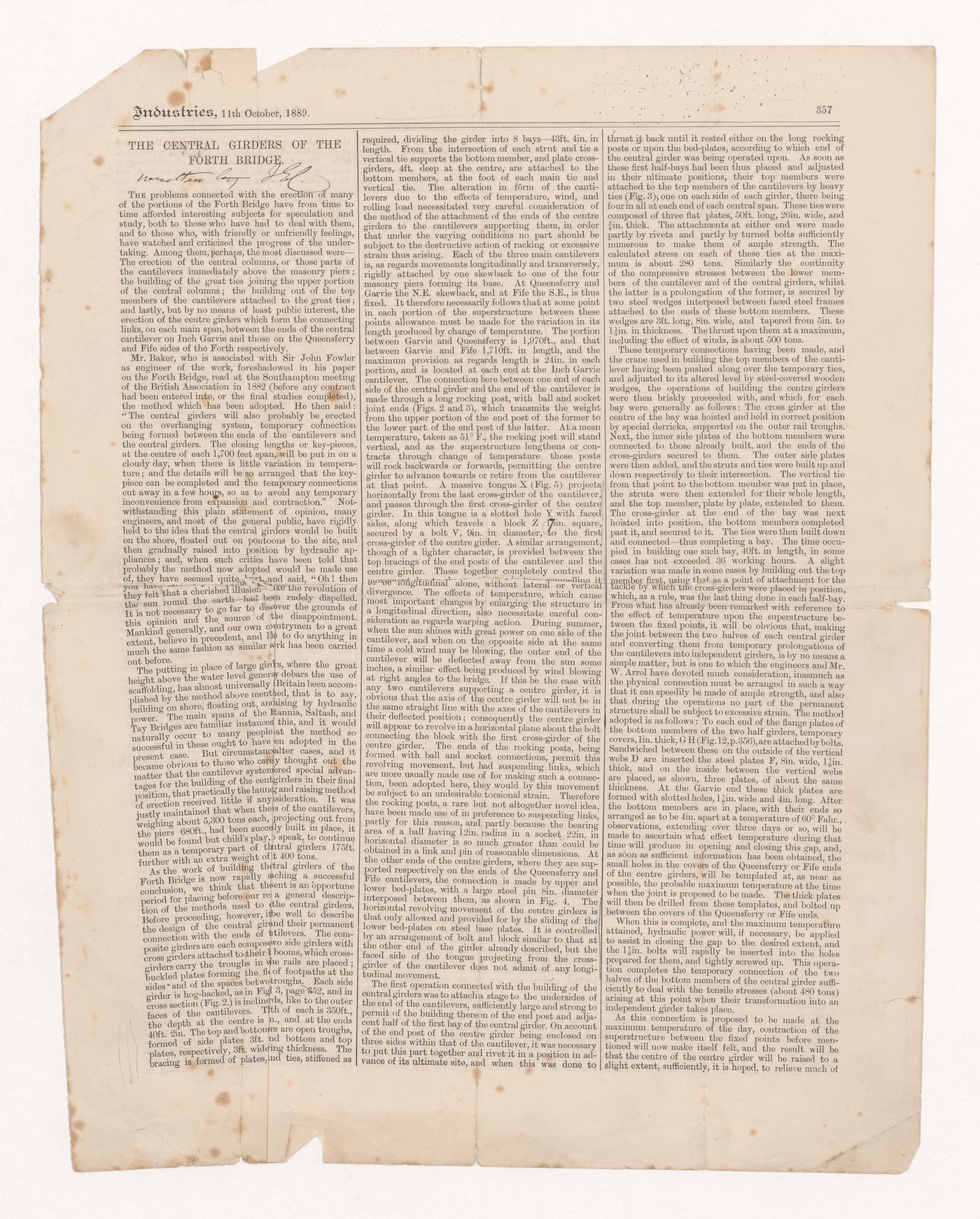 Detached sheet from article 'Industries' on the central girders of the Forth Bridge