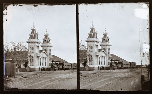Stereograph of Los Angeles and Independence Rail Road Terminal at Fifth Street and San Pedro Street, California, United States of America