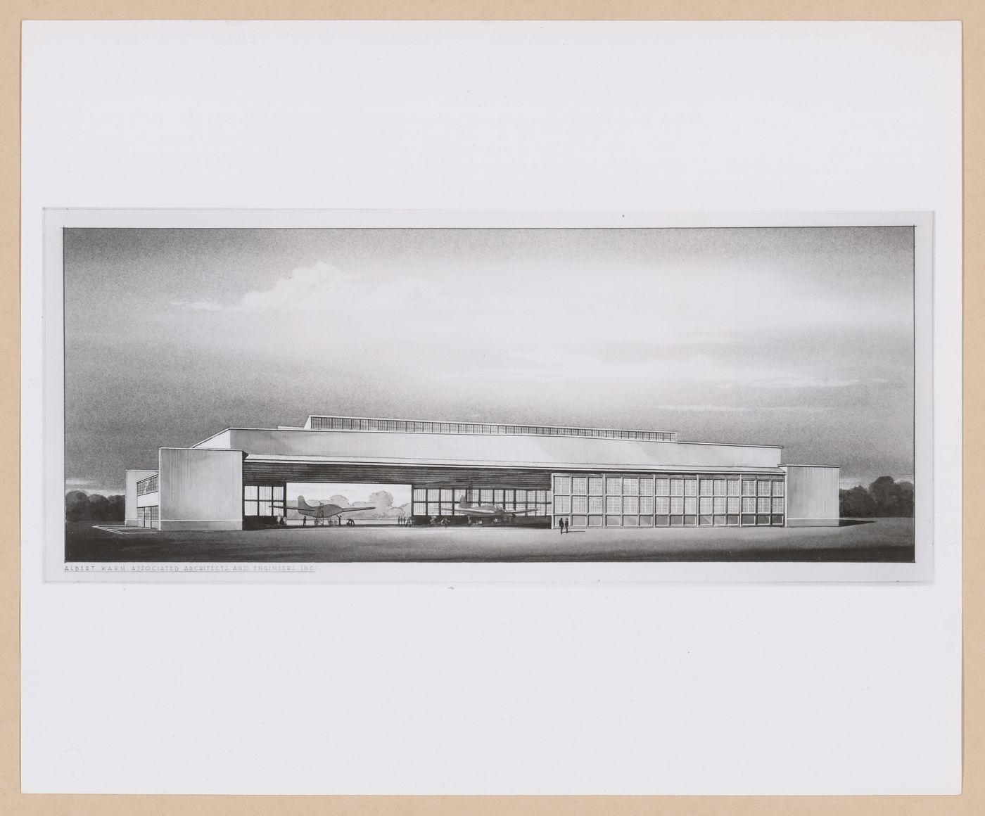 Photograph of a perspective drawing for or of the principal or rear façade of a hangar, United States Atlantic Coast Naval Air Base, Squantum Point, Massachusetts
