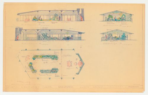 Wayfarers' Chapel, Palos Verdes, California: Plan, two longitudinal and two cross sections for the auditorium audiovisual exhibition