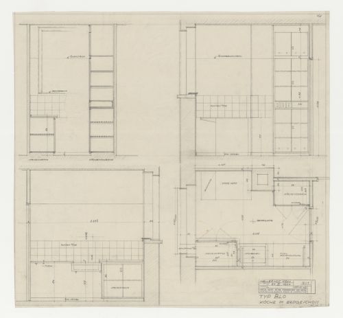 Ground floor plan and elevations for a type BLO kitchen for housing unit, Hellerhof Housing Estate, Frankfurt am Main, Germany