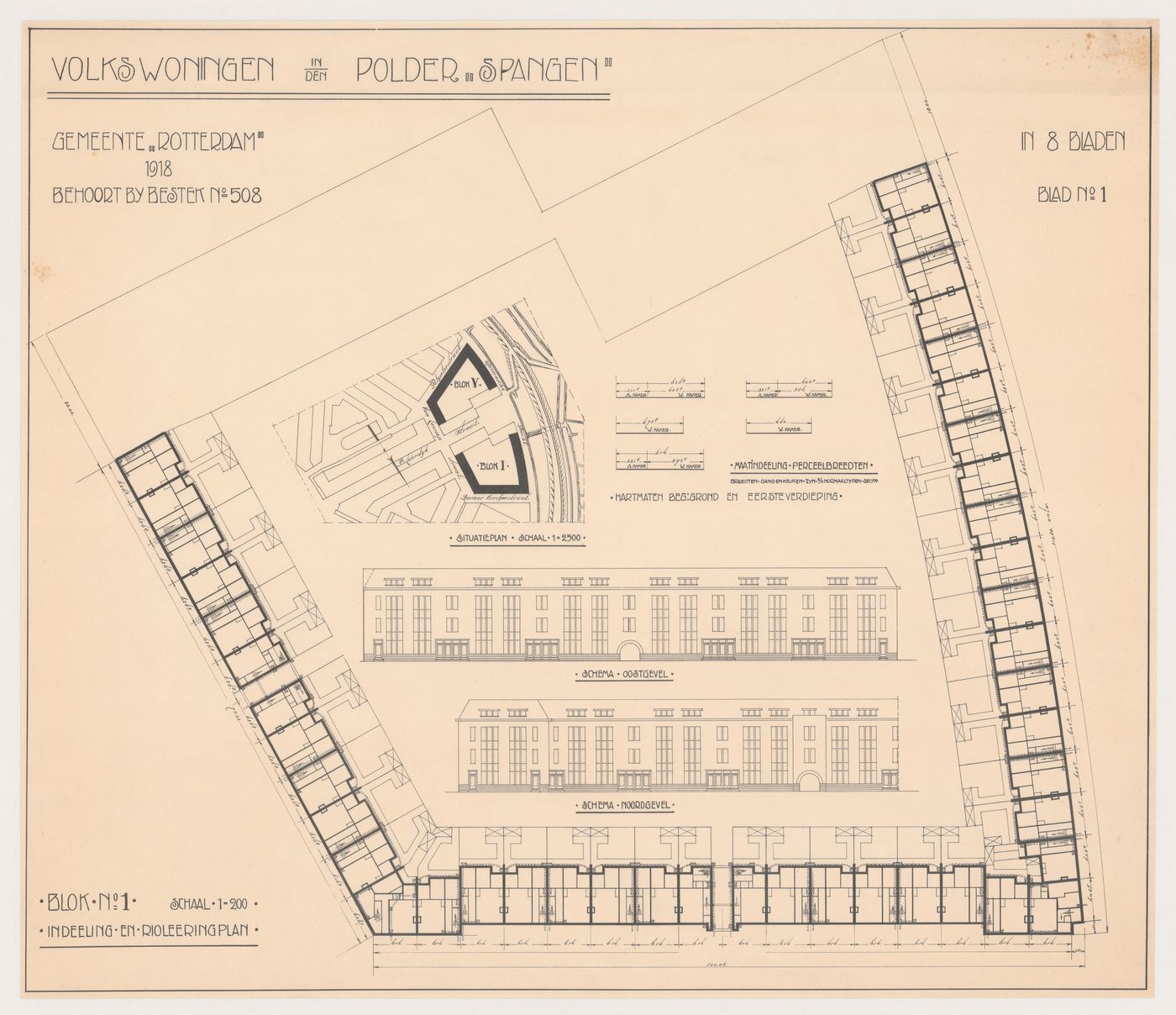 Site plan for Blocks 1 and 5, and ground floor plan and elevations for Block 1, Spangen Housing Estate, Rotterdam, Netherlands