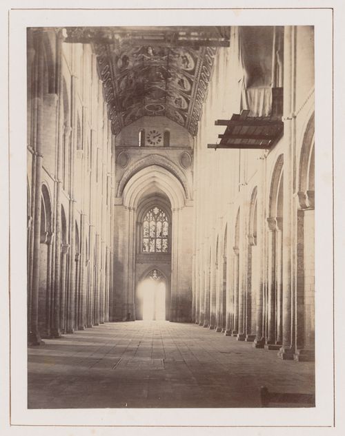 Interior view of nave from east, with scaffolding protruding from triforium arcade at right, Ely, England