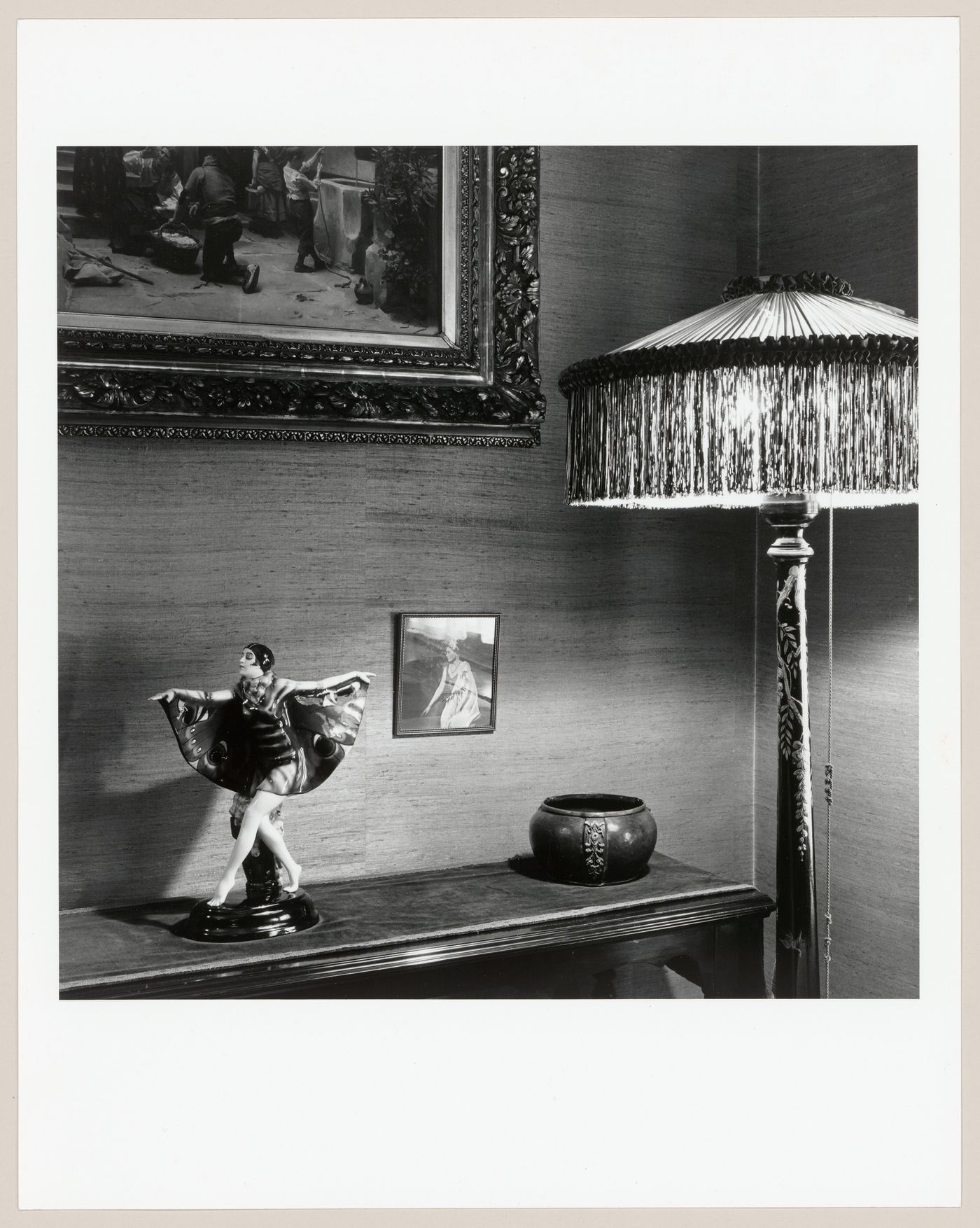Interior view of the living room of Slessor House showing furniture and objets d'art to the right of the fireplace, 1538 avenue Dr. Penfield, Montréal, Québec