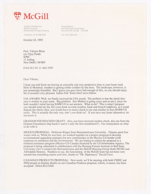 Letter from possibly Jesus Navarrete to Vikram Bhatt about update on Minimum Cost Housing Group's projects