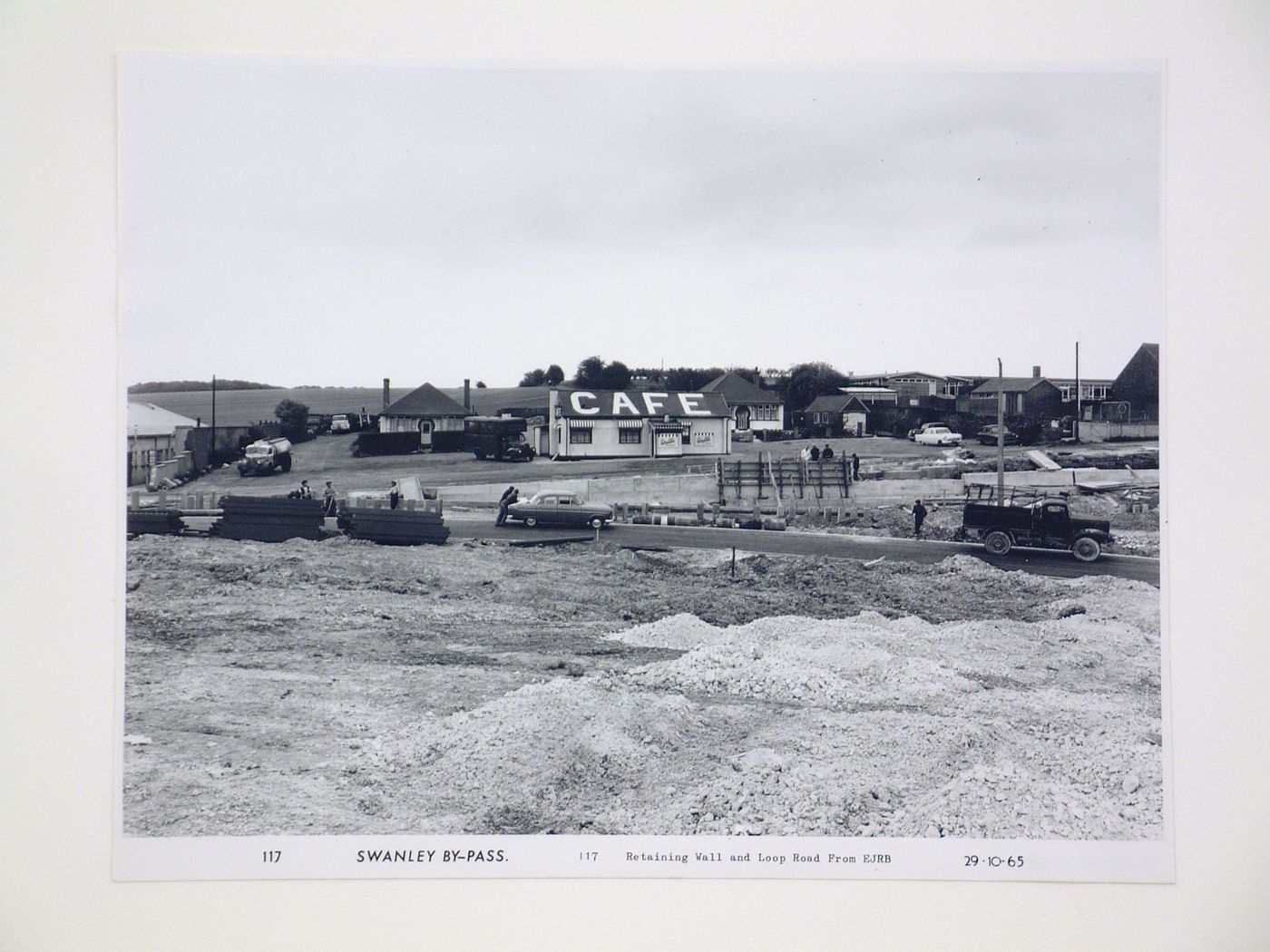 View of retaining wall and Loop Road from eastern junction road bridge, during construction of the Swanley Bypass, England