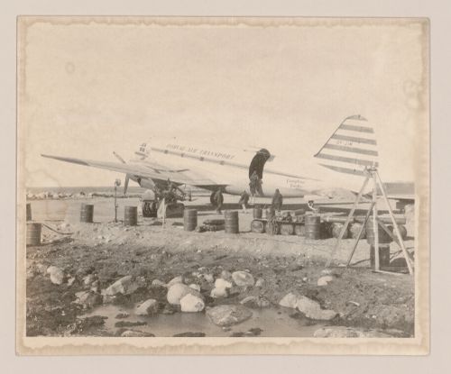 View of Dorval Air Transport plane at DEW Line radar station BAR-Main, Kaktovik, Alaska, United States