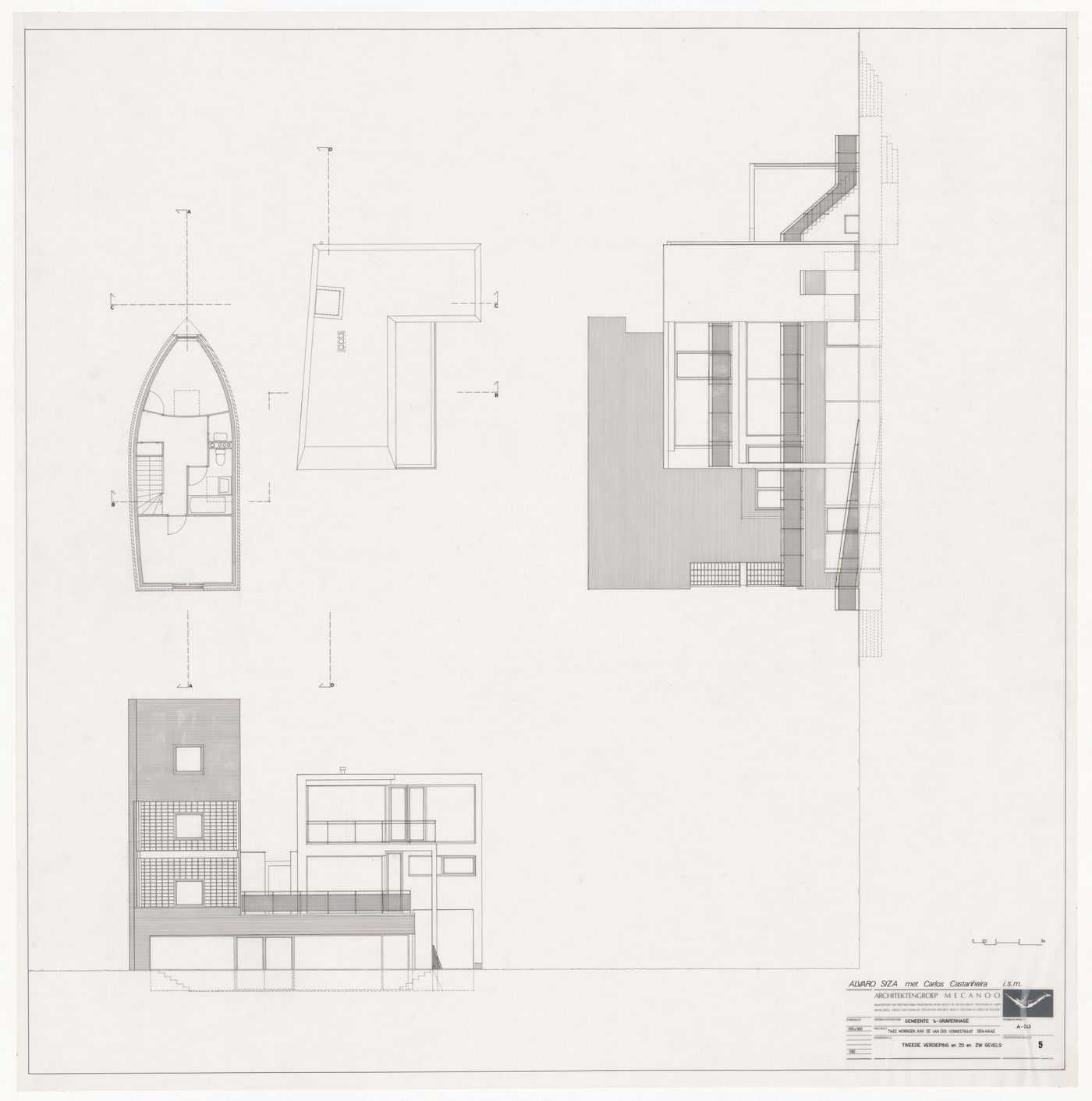 Third floor plan and elevations for Duas habitações e duas lojas [Housing and shopping complex, Schilderswijk], The Hague, The Netherlands