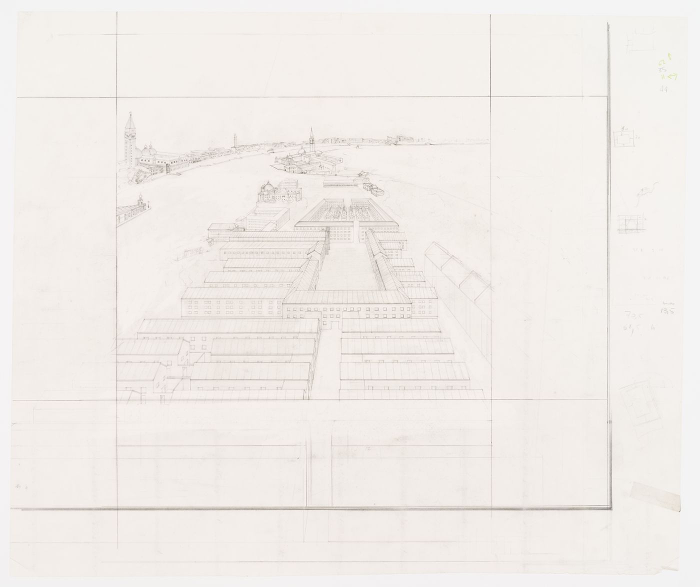 Project for redevelopment of the Campo di Marte area of La Giudecca, Venice, Italy: bird's-eye perspective