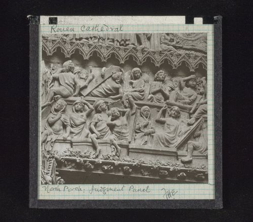 Detail view of relief sculpture of north porch of cathedral, Rouen, France