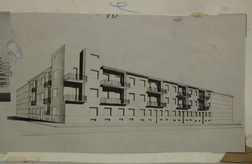 View of an elevation drawing for a tenement house in Kladno, Czechoslovakia (now Czech Republic)