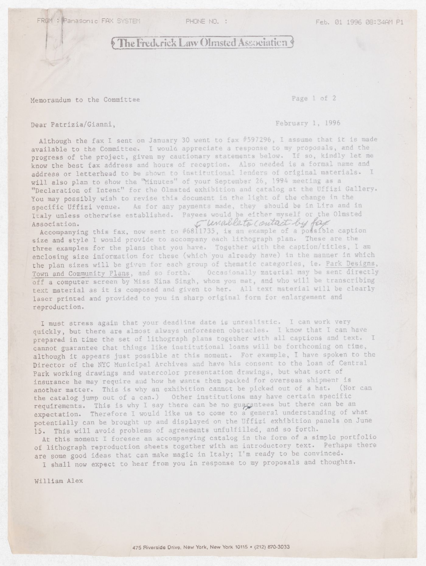 Correspondence with William Alex of The Frederick Law Olmsted Association for the exhibition Olmsted: L'origine del parco urbano e del parco naturale contemporaneo