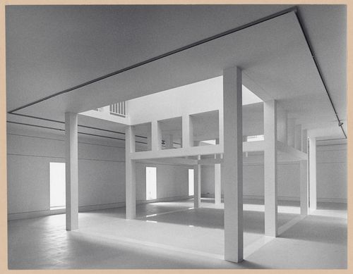 Interior view of the Deutsches Architekturmuseum [German Architecture Museum] showing the girders of the first storey of the House-in-House, light wells and exhibition areas, Schaumainkai 43, Frankfurt am Main, Germany