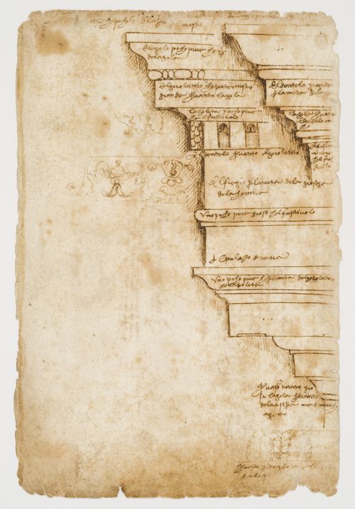 Impost blocks from central and lateral arches of the Arch of Septimius Severus, Rome, Italy; Cornice from the Colonnade of the Forum of Nerva, Rome, Italy; verso: Doric portal