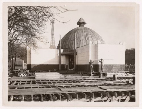 View of Cameroon's pavilion under construction, 1937 Exposition internationale, Paris, France