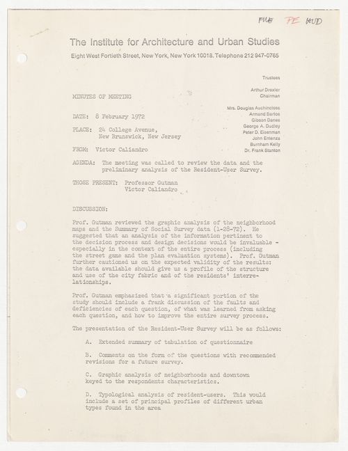 Meeting minutes about review of data from the resident-user survey for Binghamton Street Study