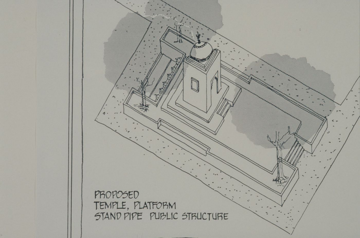 Axonometric view of proposed platform for temple, stand pipe or public structure for the Aranya Housing Project, Indore, India