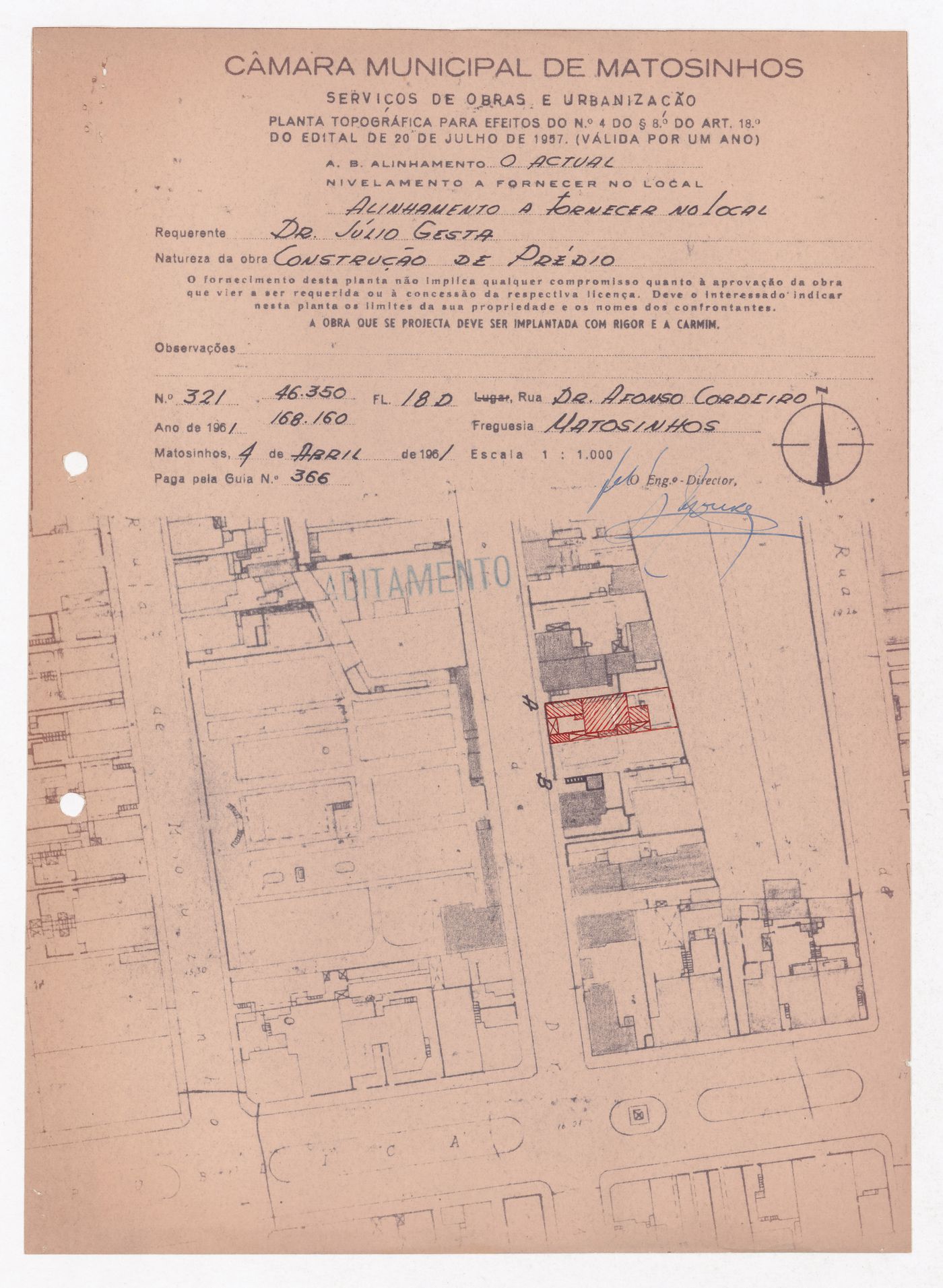 Site plan prepared by Câmara Municipal de Matosinhos, Serviços de Obras e Urbanização for Habitação Dr. Júlio Gesta, Matosinhos, Portugal