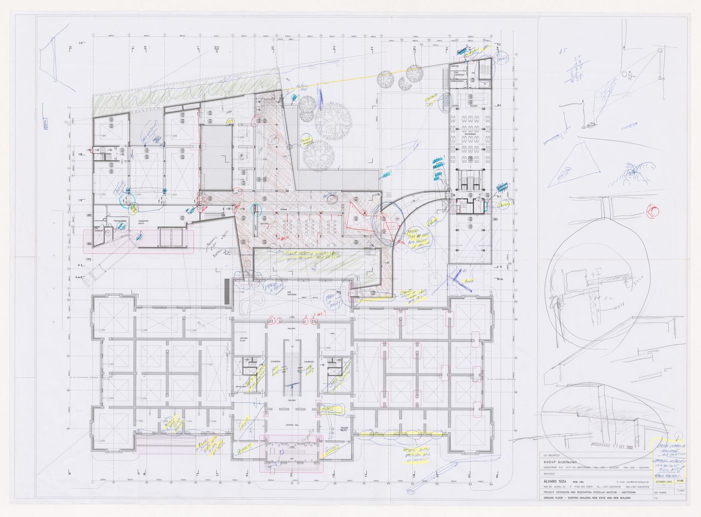 Ground plan and sketches for Renovação e extensão do Museu Stedelijk [Restoration and extension of Stedelijk Museum], Amsterdam