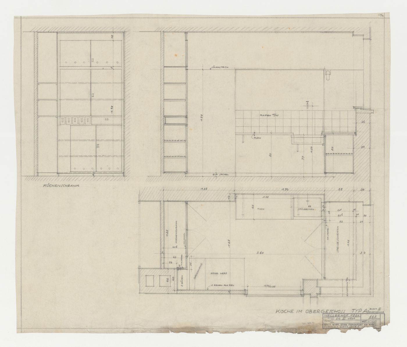 First floor plan and elevations for a type AO kitchen for a housing unit for Block VI, Hellerhof Housing Estate, Frankfurt am Main, Germany