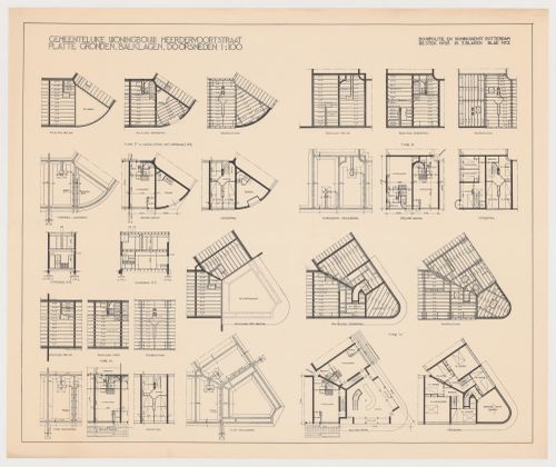 Plans, framing plans, foundation plans and sections for Kiefhoek Housing Estate, Meerdervoortstraat, Rotterdam, Netherlands