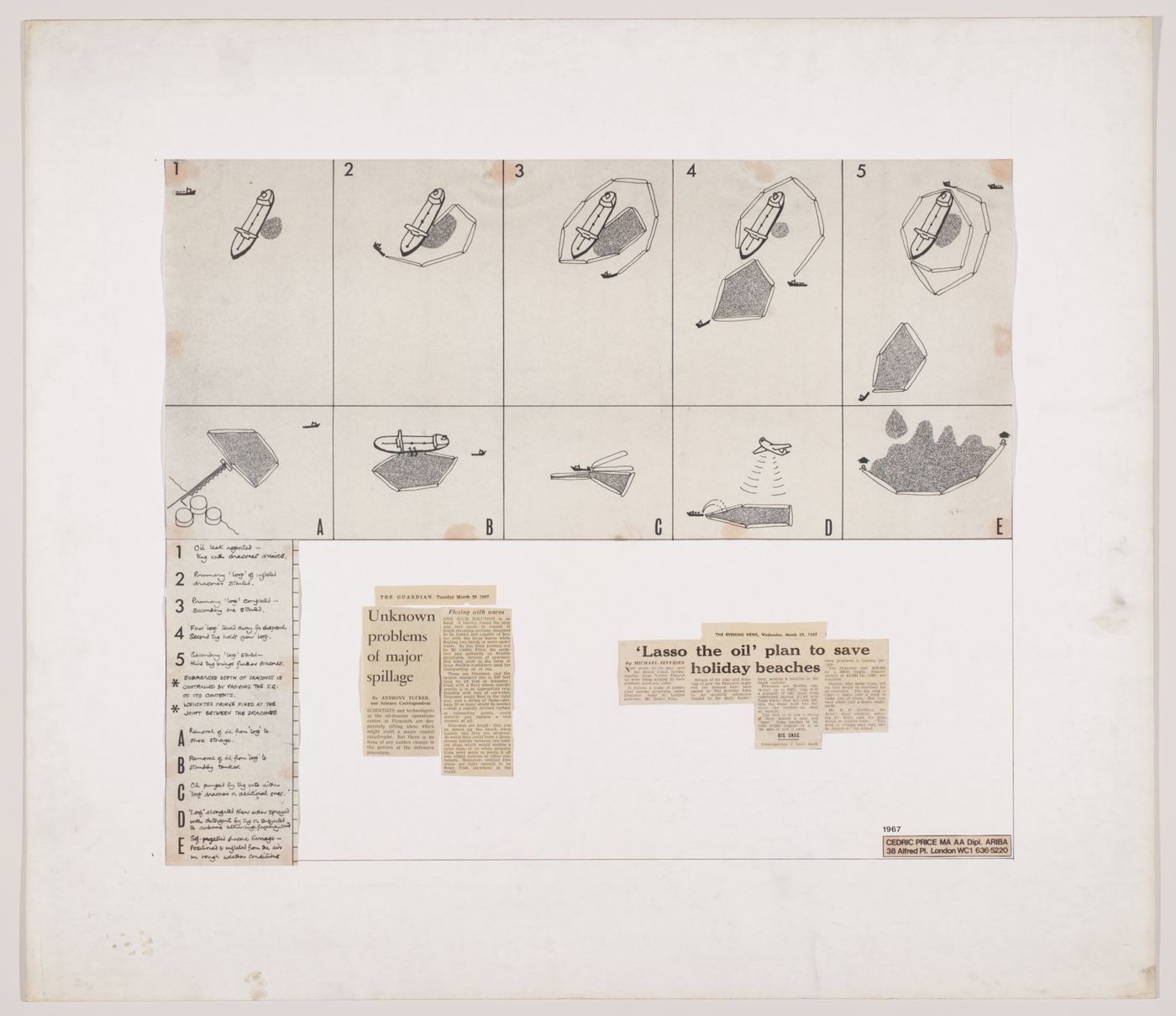 Air Structures Research: presentation panel with diagram for surface oil containment and news clippings