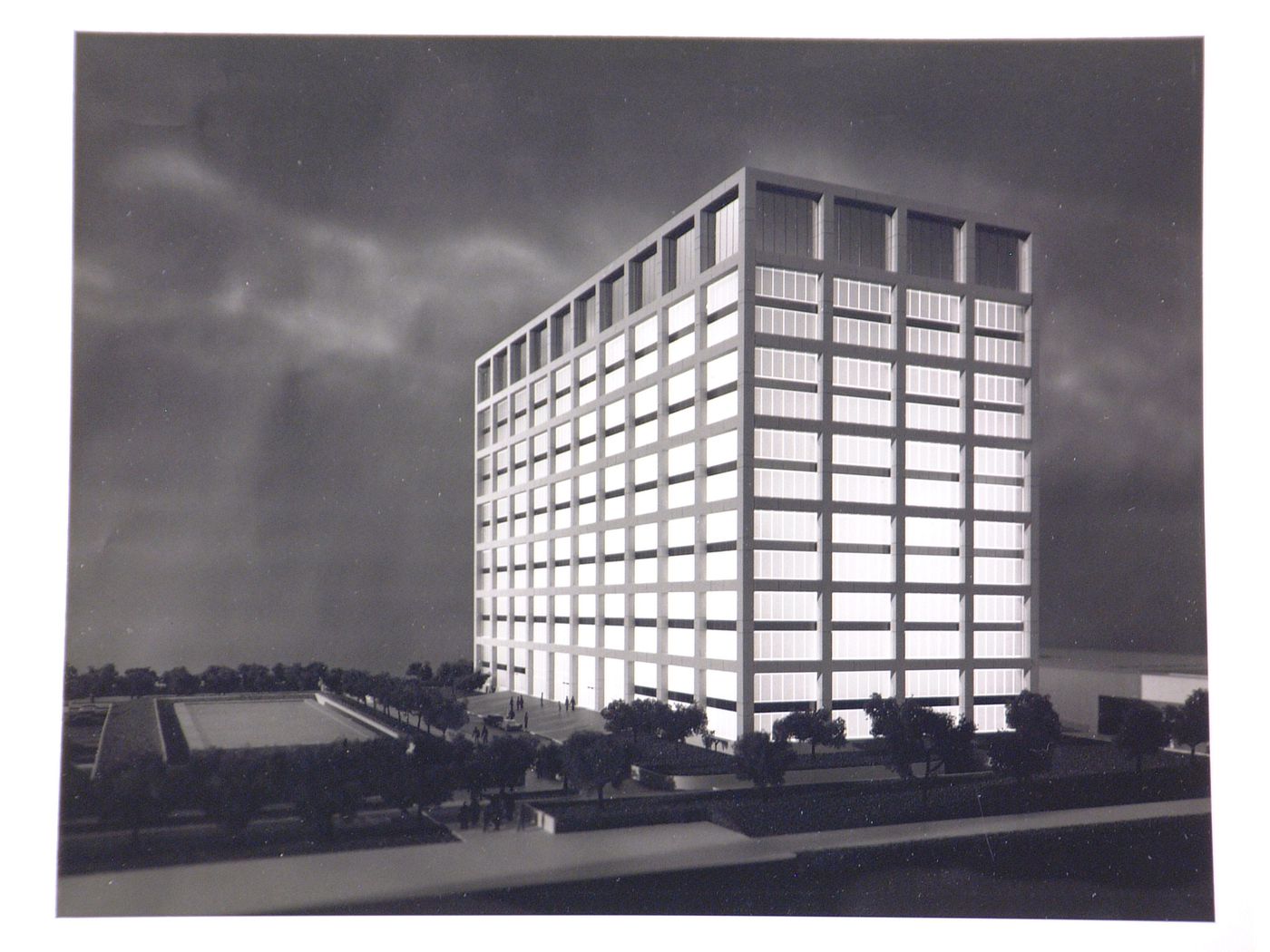 View of the model for the Garrett Corporation building showing the tower, Torrance, California, United States