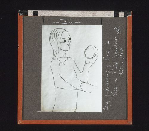 View of copy of drawing of Eve on Prior Crauden's alter floor tiles, Ely, Cambridgeshire, England