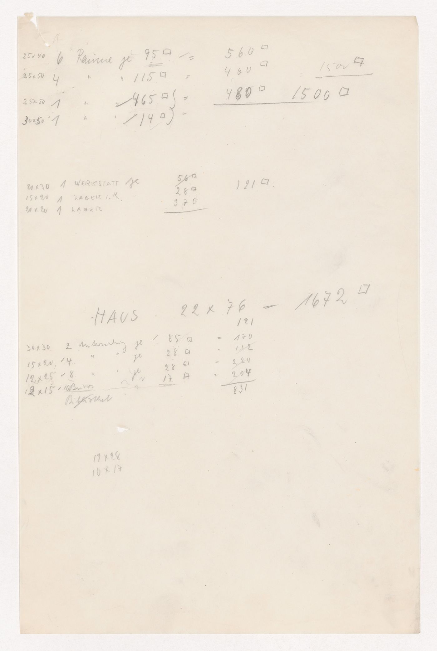 Notes and calculations for space requirements, probably for Illinois Institute of Technology