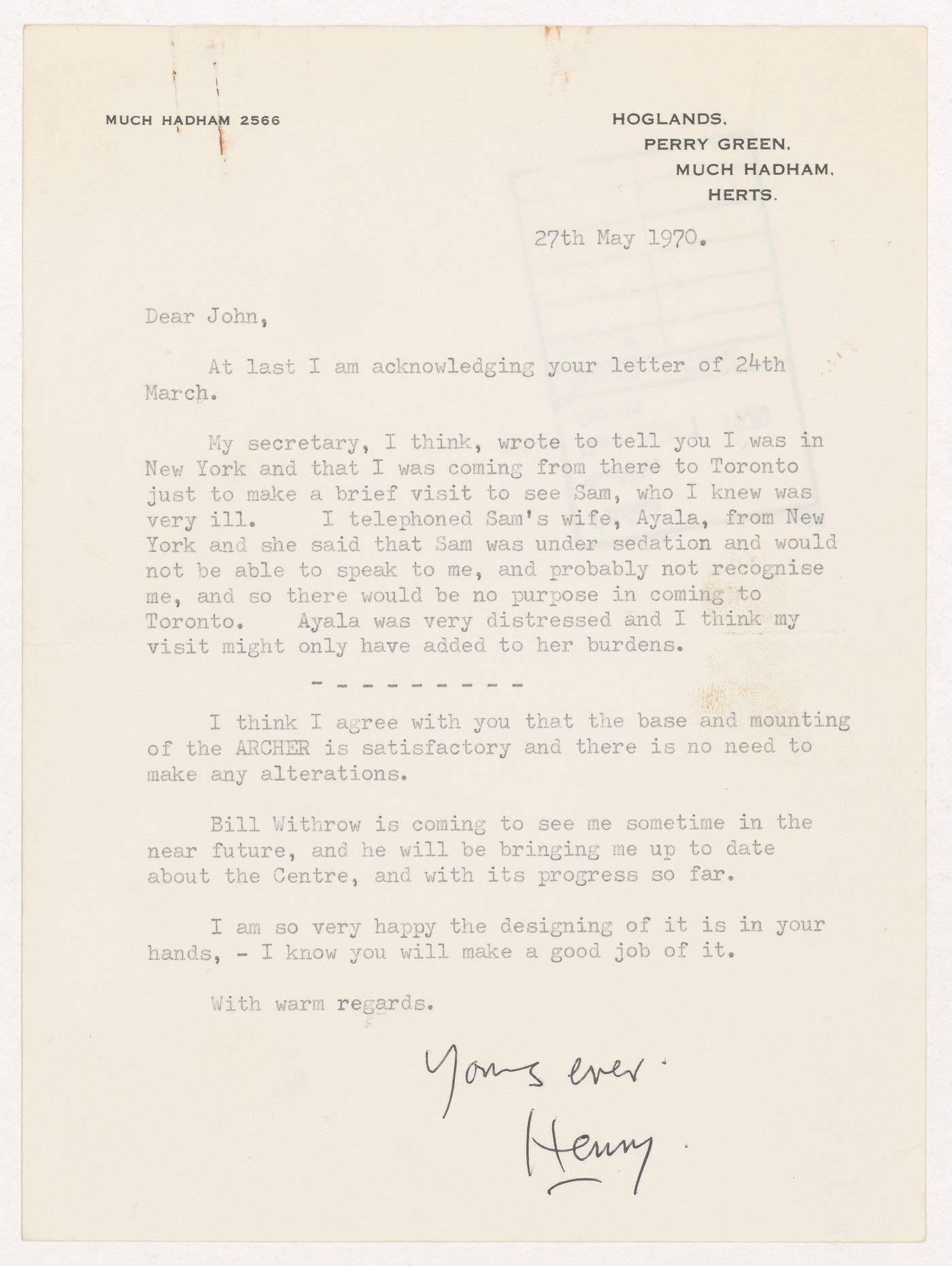 Letter from Henry Moore to Parkin