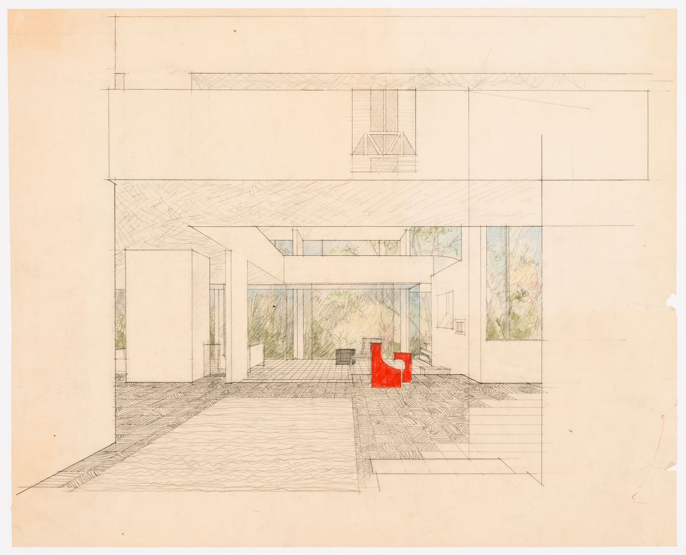 Interior perspective for Oberlander Residence (Ravine House), Vancouver, British Columbia