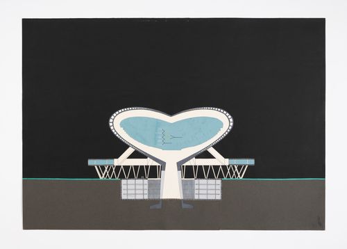 Presentation collage of a section for Sala para el espectáculo plástico y el sonido en el espacio, Córdoba, Argentina