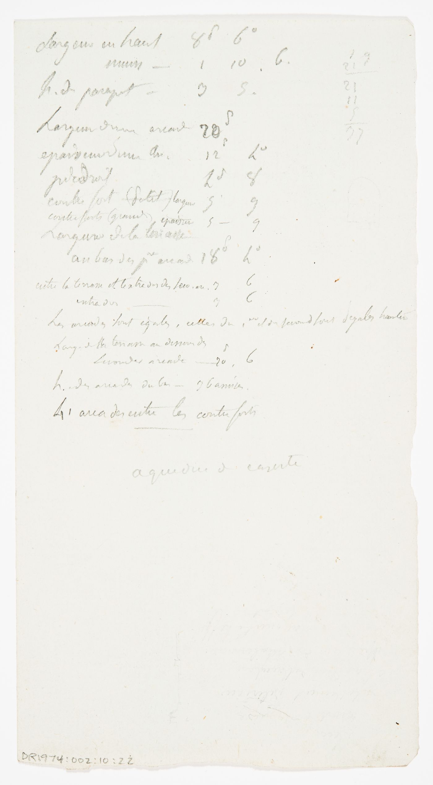 Plans and elevation of unidentified buildings, and elevation of a doorway; verso: Cost estimate, possibly for an aqueduct