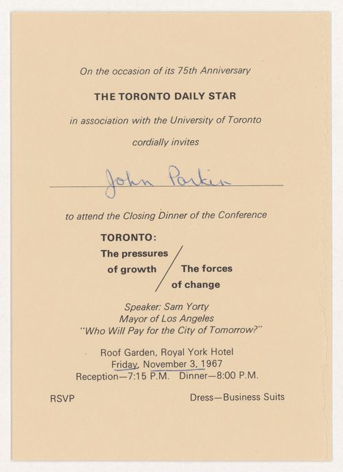 Invitation to the 75th anniversary of the Toronto Daily Star