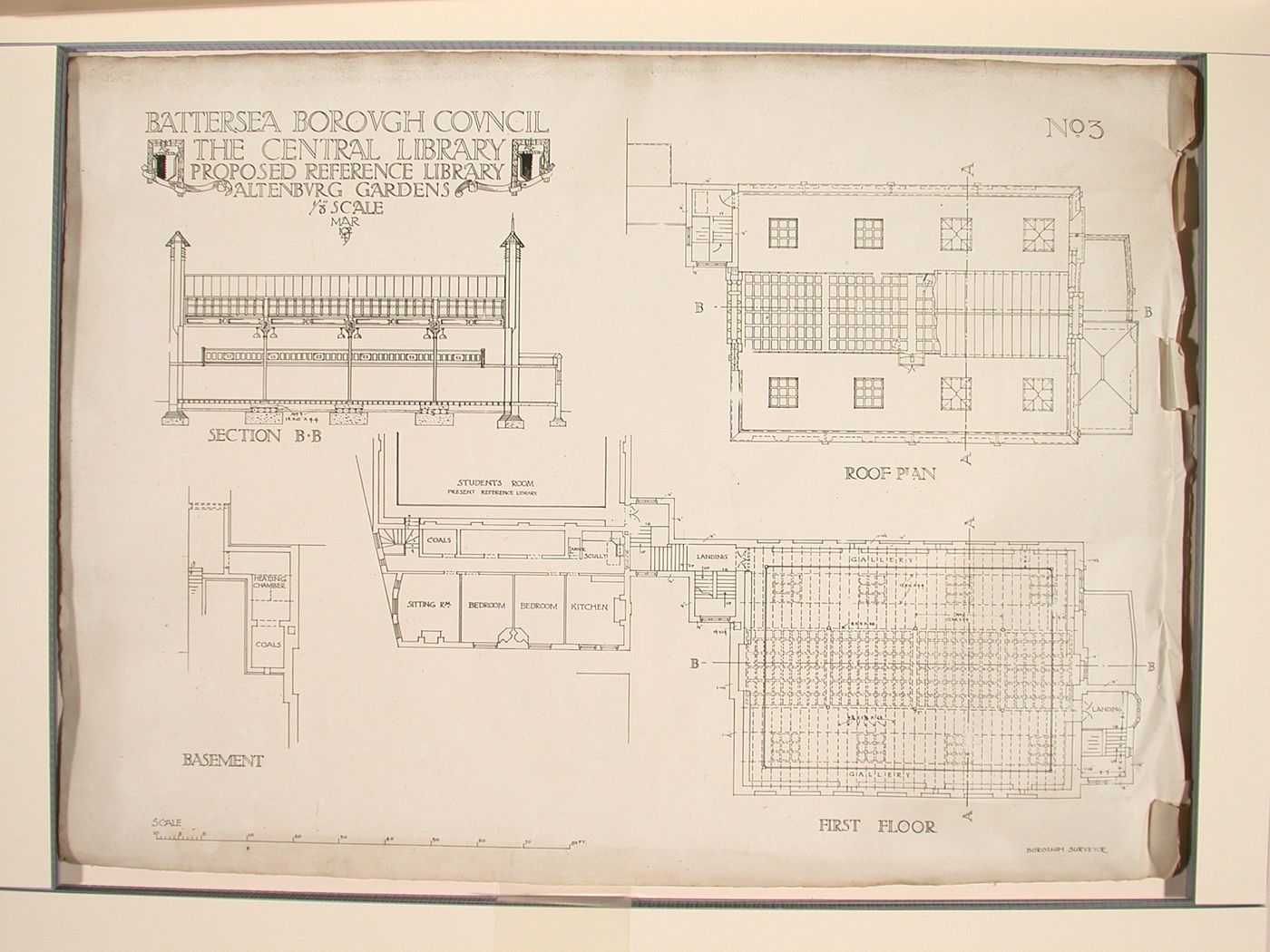 Roof, first floor plans, and section for the proposed reference library, Battersea Borough