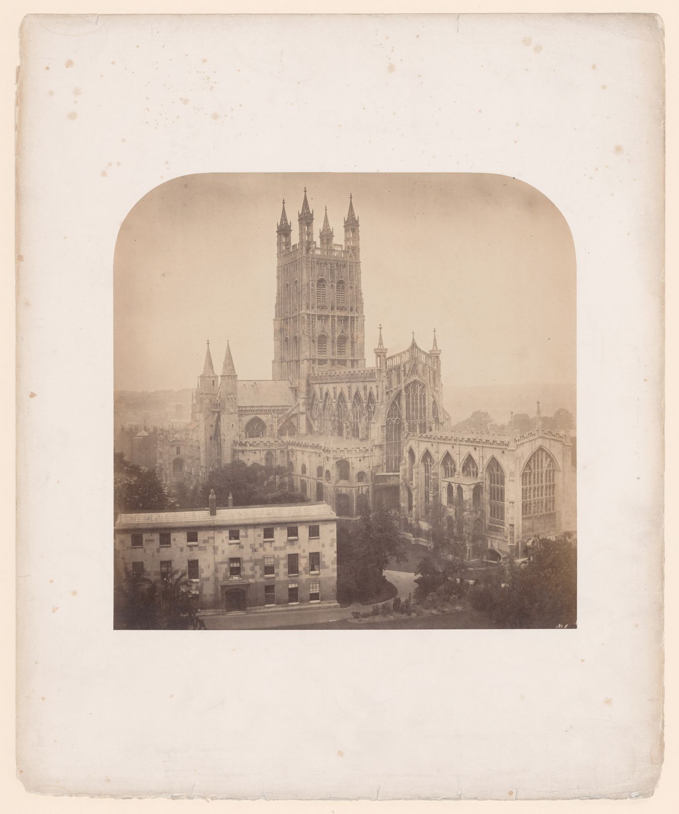 Exterior view of Gloucester Cathedral from the East, 1 semi-detached Lady chapel in the foreground, Gloucester, England