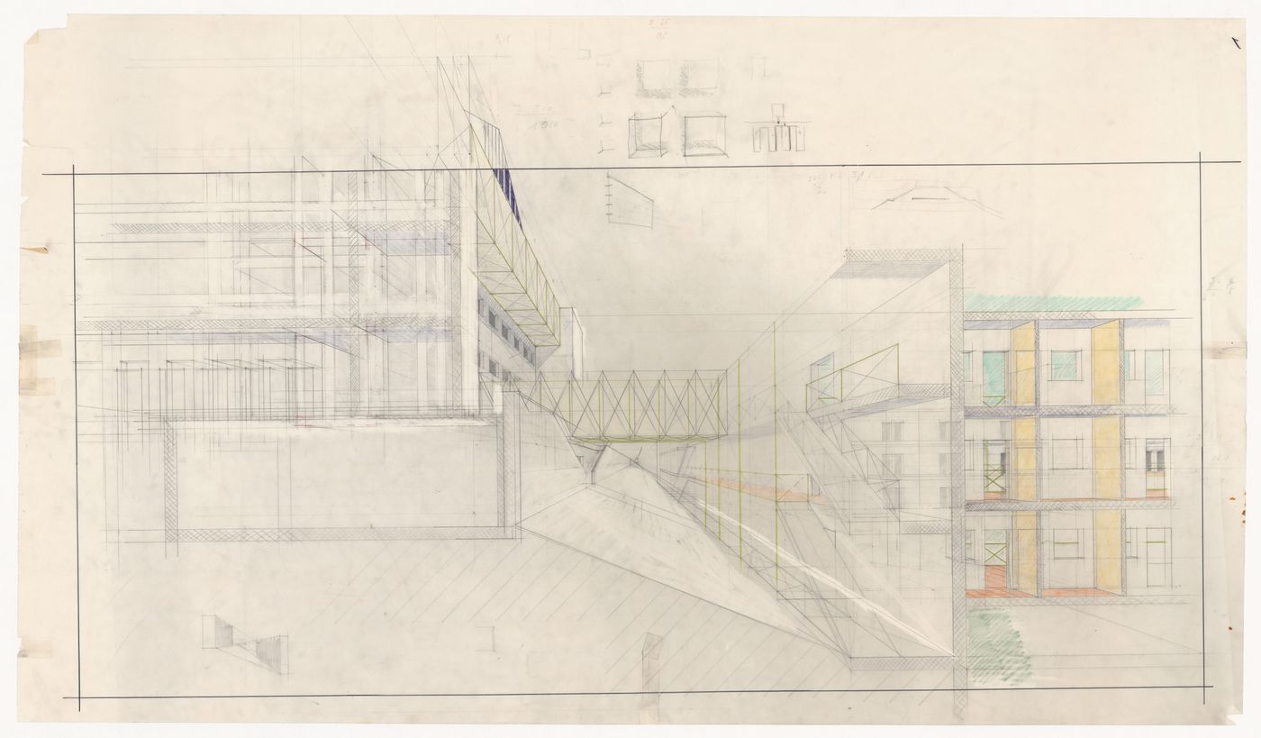 Perspective with sketches for Casa dello studente, Trieste, Italy