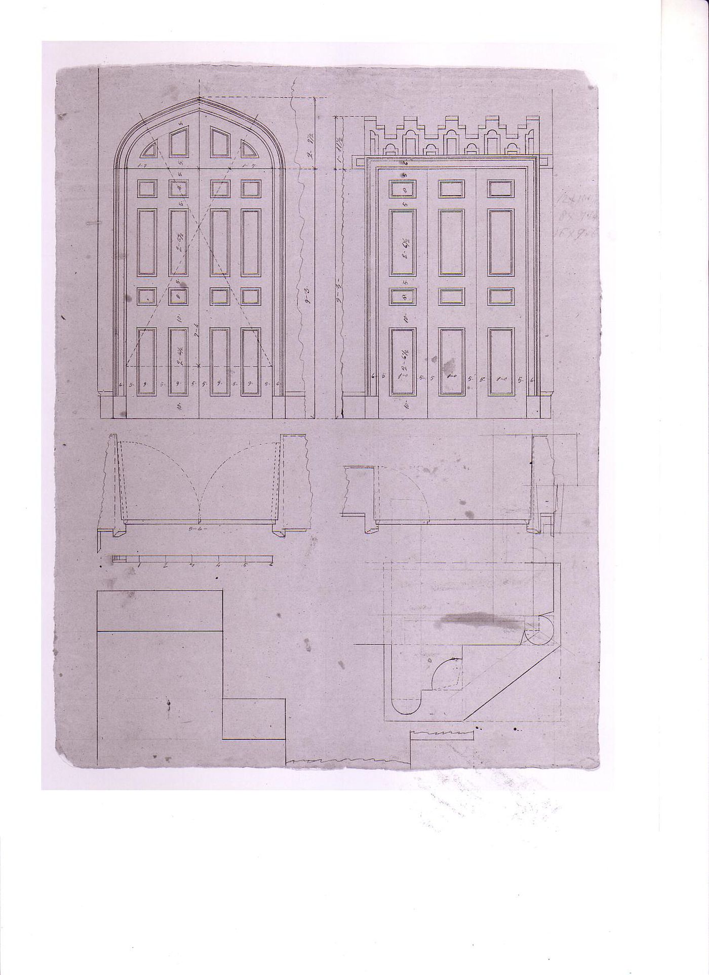 Plans and elevations for side altar [?] doors and section for a decorative detail for Notre-Dame de Montréal