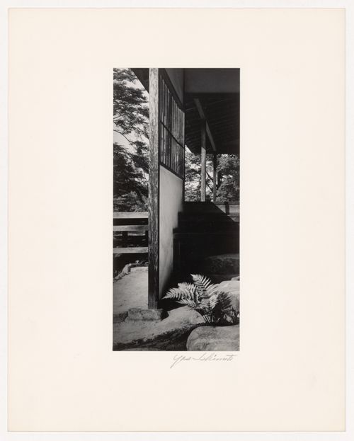 View of a grille wall and the stairs to the Moon-viewing Platform and the broad veranda of the Old Shoin, Katsura Rikyu (also known as Katsura Imperial Villa), Kyoto, Japan