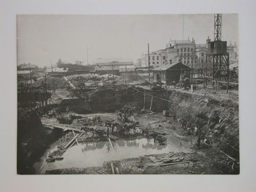 View of the Building of Industry construction site and foundation pit, Sverdlovsk, Soviet Union (now Ekaterinburg, Russia)
