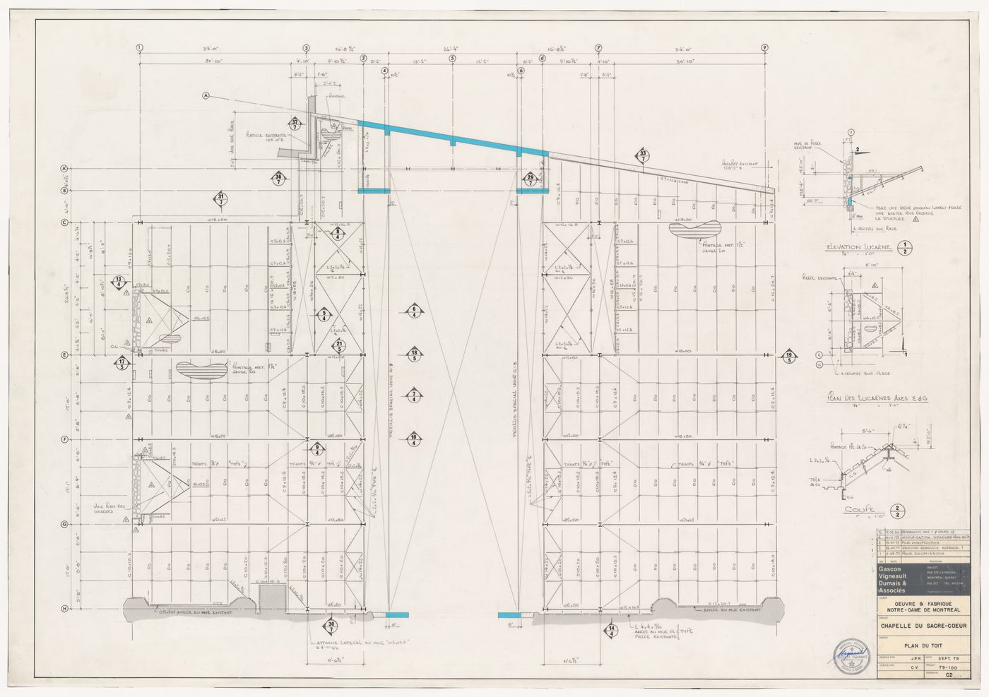 Plans, elevation and section for the roof and roof details for the reconstruction of the Chapelle du Sacré-Coeur, Notre-Dame de Montréal