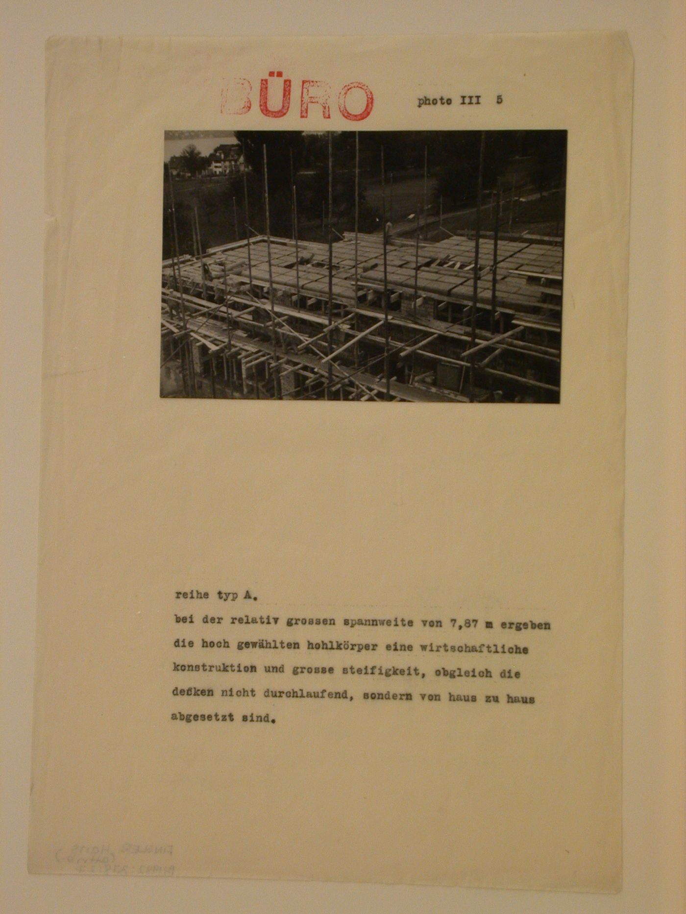 View of Type A row houses under construction showing builders installing roof sheathing, Werkbundsiedlung Neubühl, Zurich, Switzerland