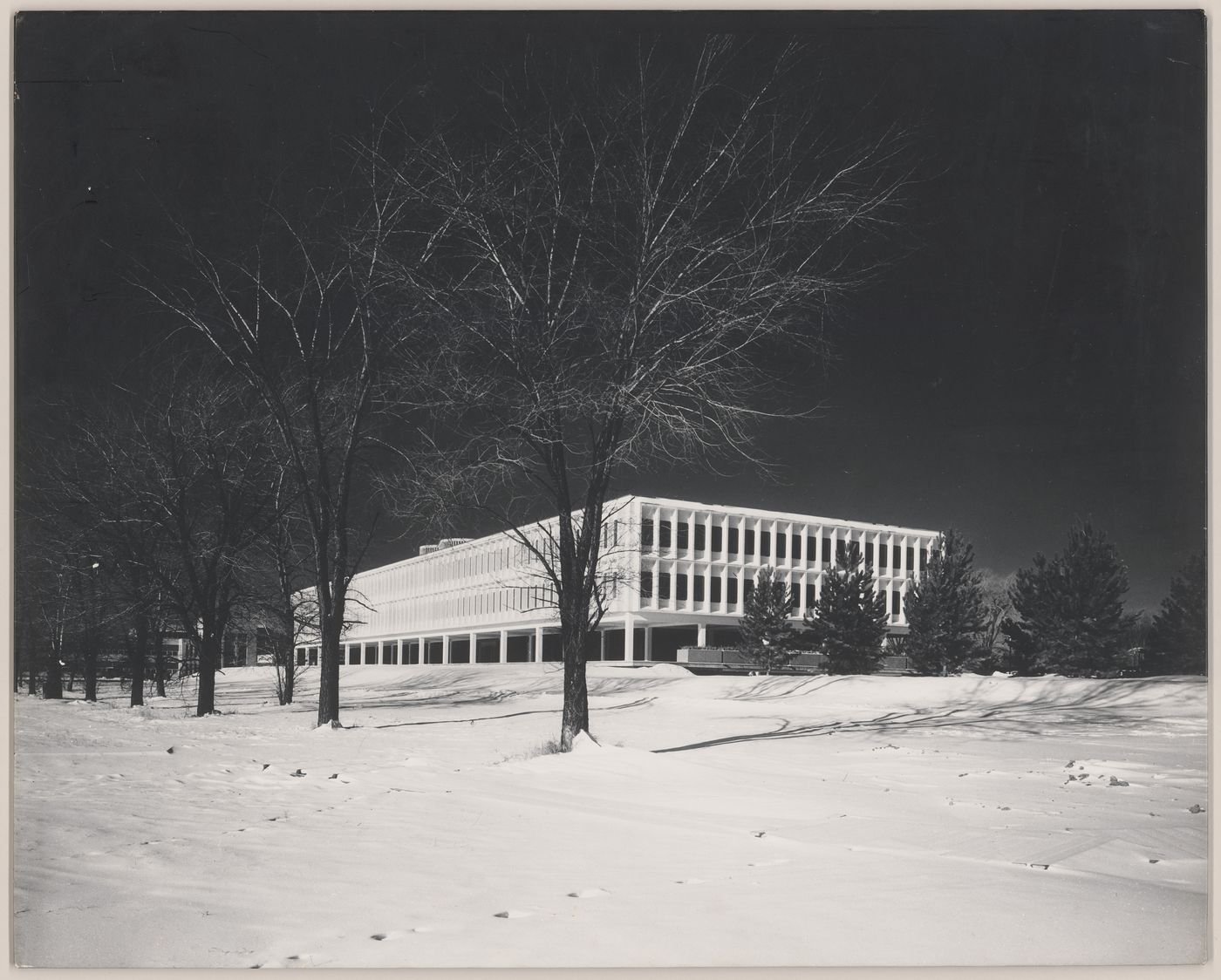 Photographic panel showing finished building exterior for Imperial Oil Limited, Ontario Region Office Building, North York