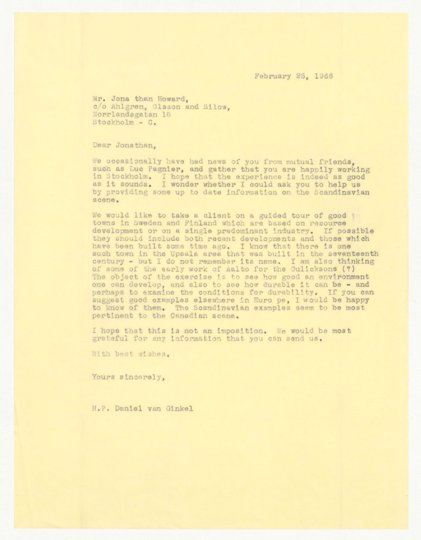 Letter from H. P. Daniel van Ginkel to Jonathan Howard about Esterhazy, Saskatchewan
