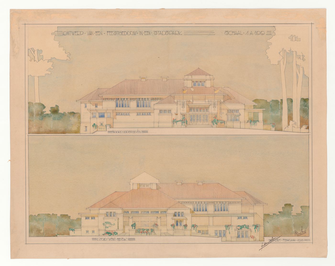 Student presentation drawing showing elevations for a dance hall in a municipal park, Technische Hogeschool Delft, Netherlands