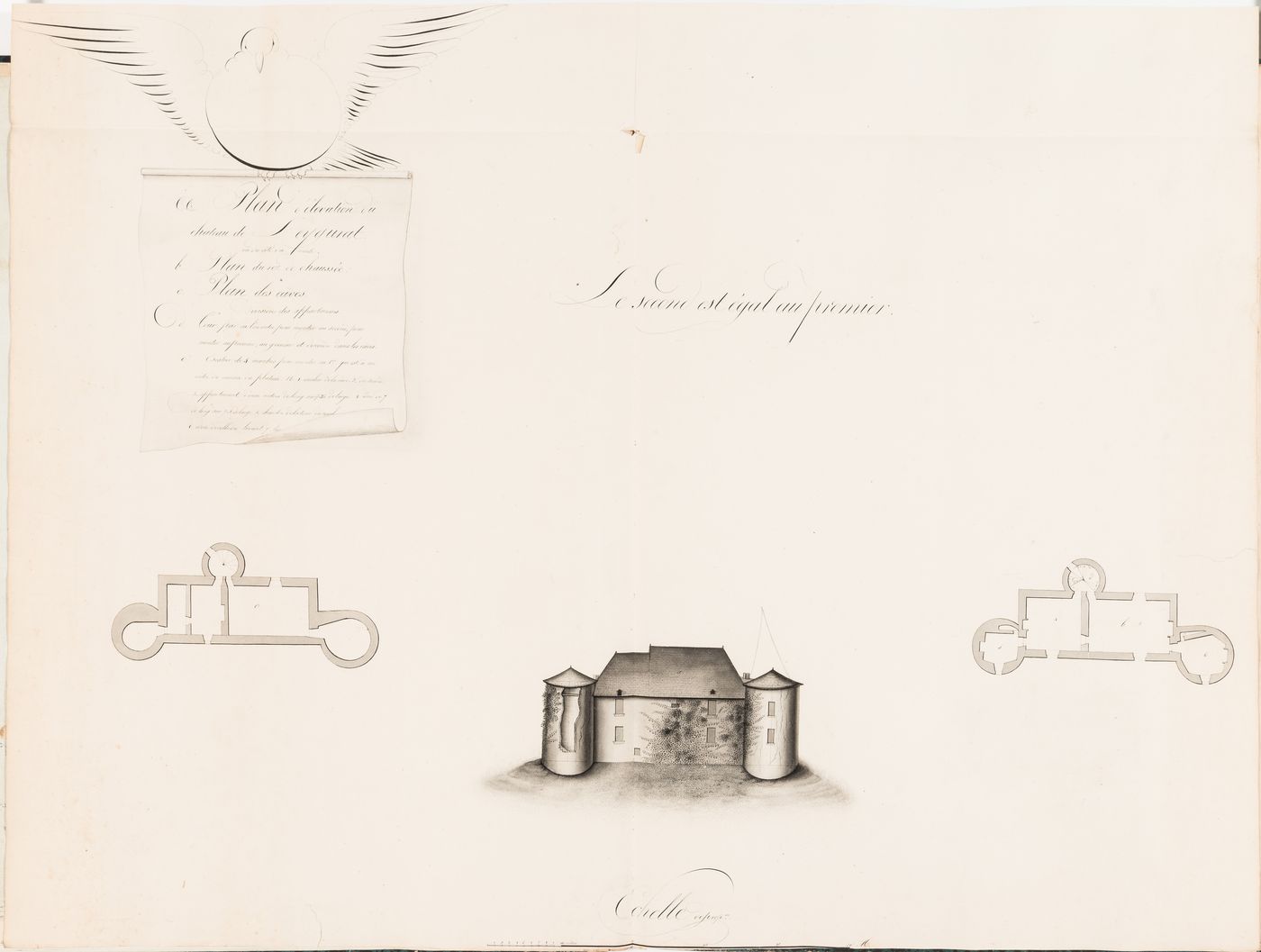 Château for M. le marquis de Sainte-Aulaire: Elevation and plans for the ground floor and "caves"
