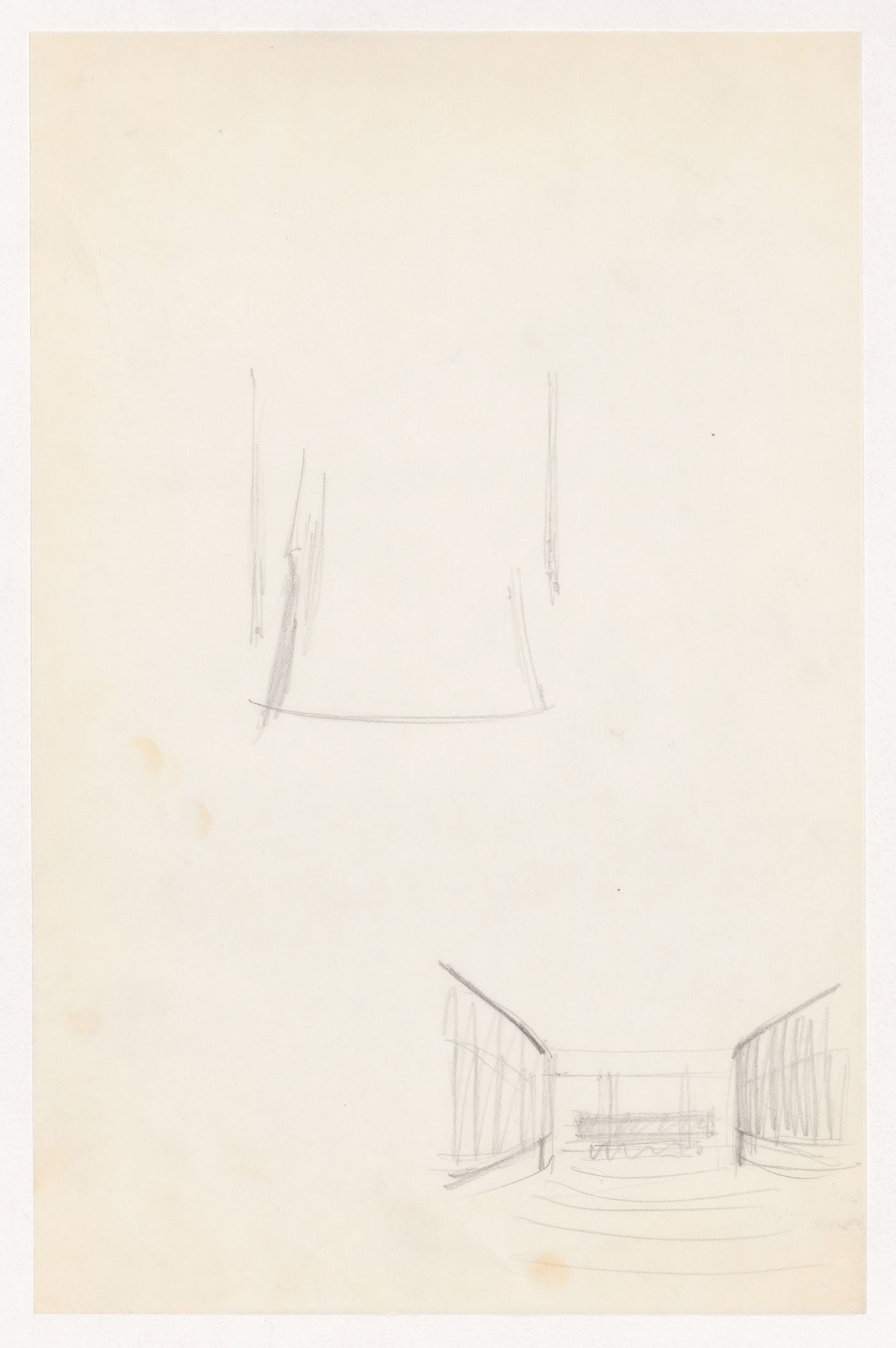 Partial sketch plan and interior perspective sketch for an auditorium for the Metallurgy Building, Illinois Institute of Technology, Chicago