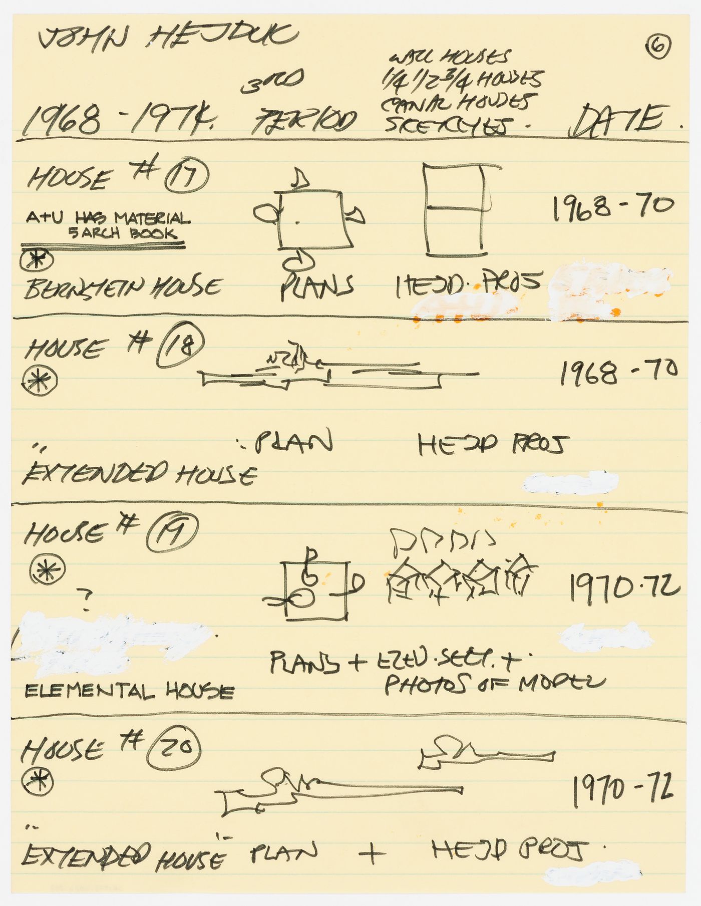 List of projects by John Hejduk. Sheet 6: 1968-1974 (3rd period): House #17, House #18, House #19, House #20