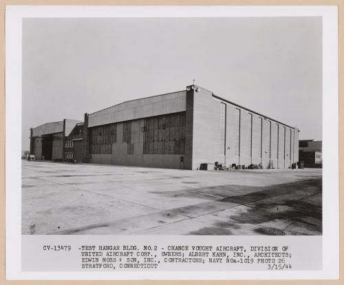 View of the principal and lateral façades of Hangar No. 2, United Aircraft Corporation Chance-Vought Airplane division Assembly Plant, Stratford, Connecticut