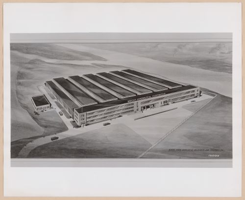 Photograph of a bird's-eye perspective drawing for or of the South Manufacturing Building, Wright Aeronautical Corporation Airplane Engine Plant, Paterson, New Jersey
